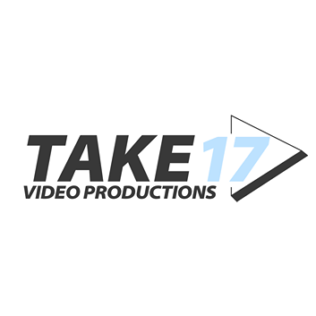 Logo with bold text: "TAKE 17 VIDEO PRODUCTIONS" in black and light blue. A play button shape in grey is on the right.