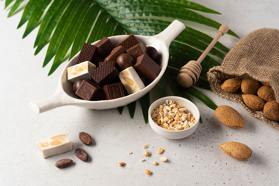 Nougats au chocolat, fèves de cacao et amandes sur fond blanc, Chabert et Guillot, photographie culinaire par Anne Fashauer