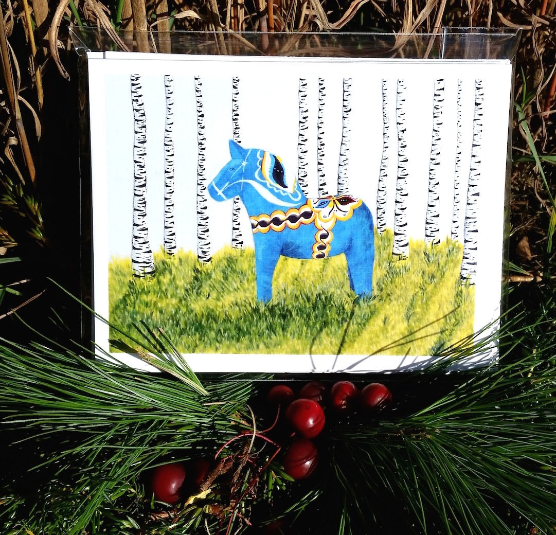 Greeting Card- Dala Horse- Birch Trees