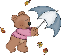 teddy bear holding umbrella with falling leaves