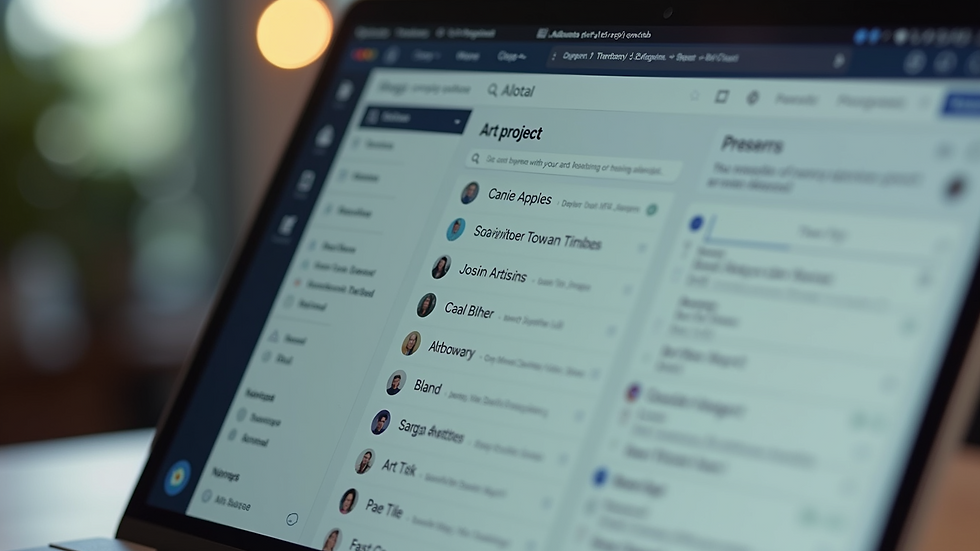 Close-up view of a laptop screen showing a project management app with art project tasks