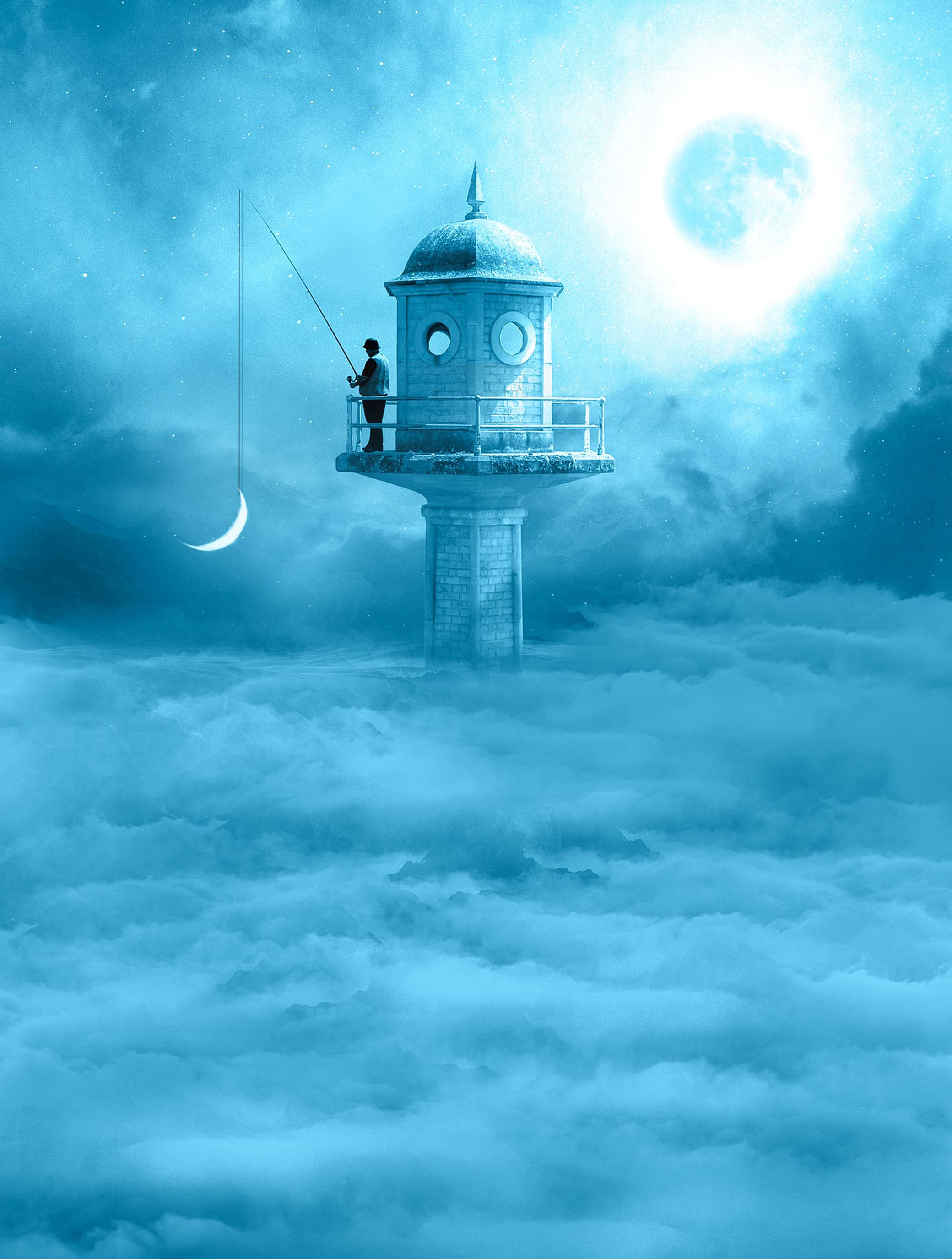 Lone figure above clouds discovering a crescent moon in dreamlike blue night sky artwork.