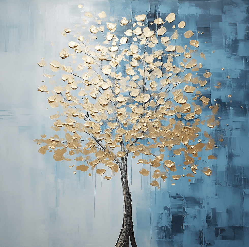 Thumbnail: Golden Leaf canvas art close-up revealing textured gold leaves against soft blue tones, creating a dreamy atmosphere