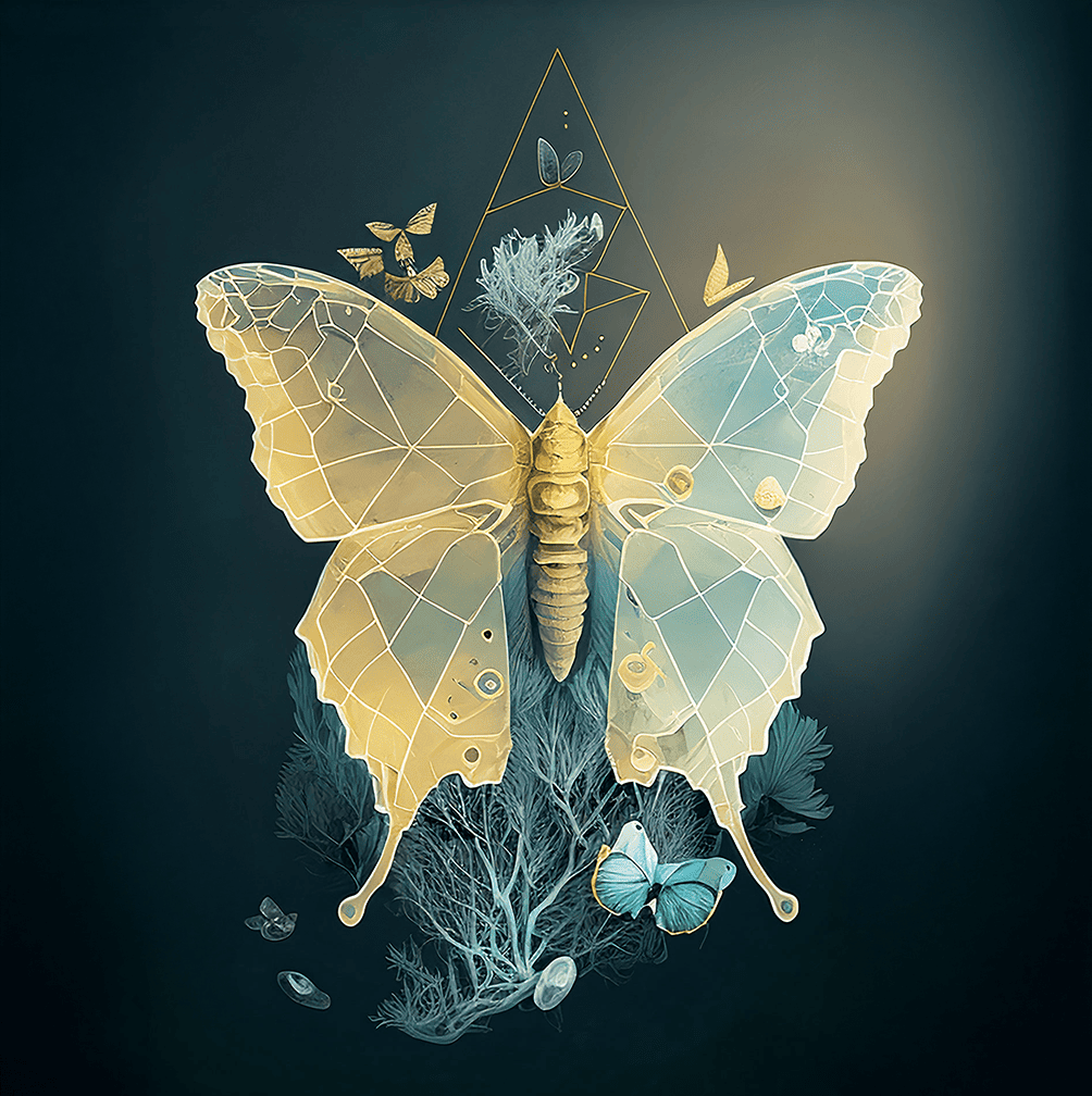 Sunbeam Butterfly artwork close-up, revealing delicate wings illuminated like sunlight in motion