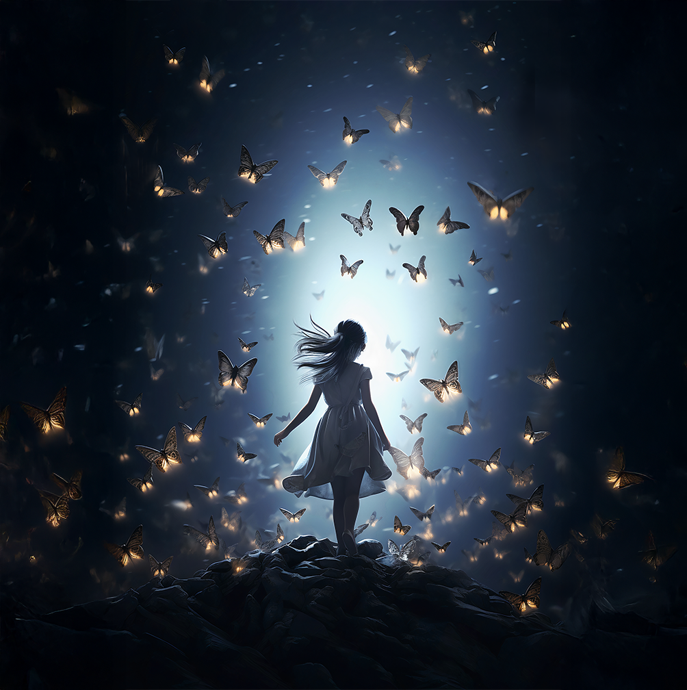 The Enchanted Garden of Butterflies artwork highlighting radiant butterflies drifting through soft, enchanted light.