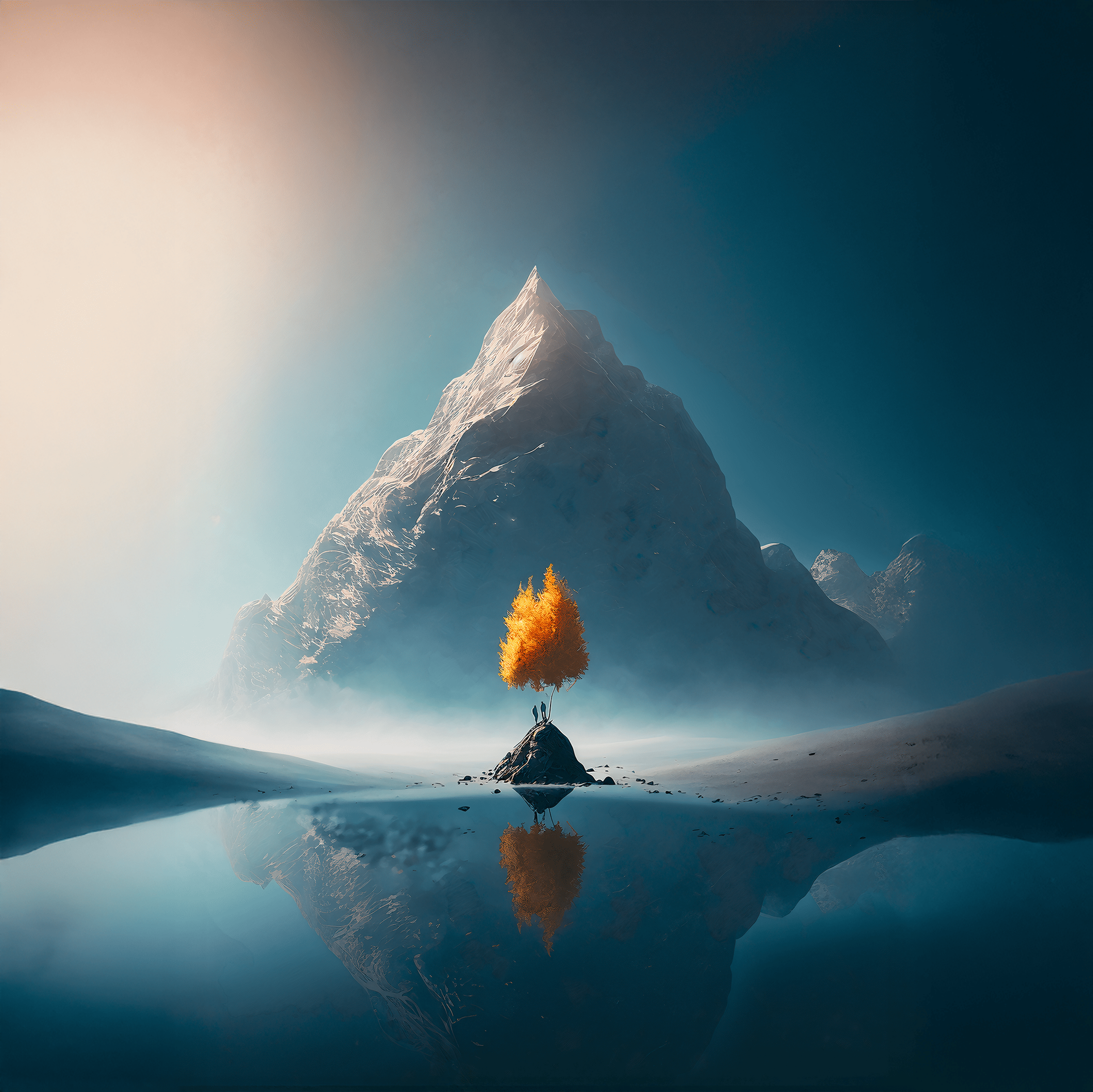 Echoes of Silence mountain reflection art print featuring a golden tree on a small island beneath a towering peak