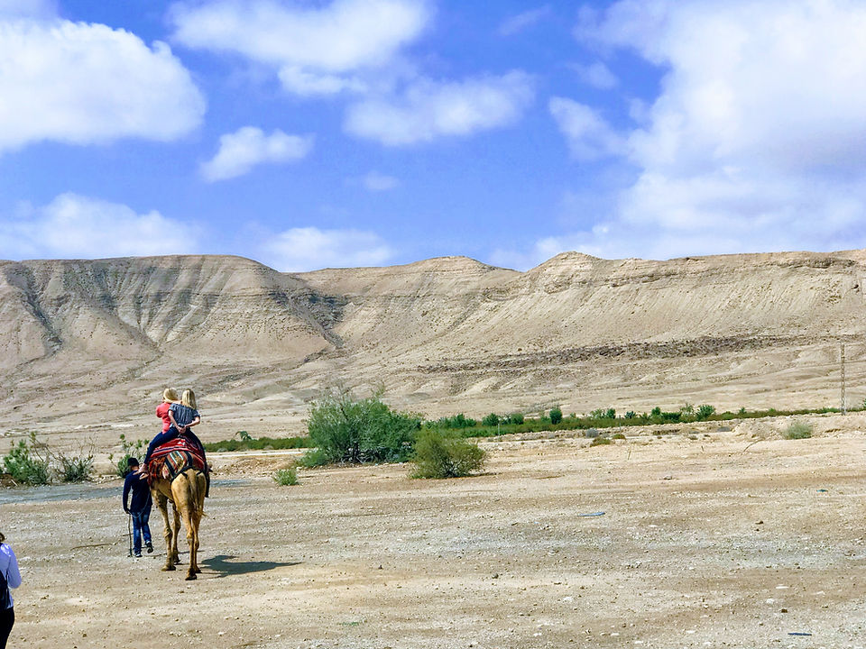 Two people riding a camel in desert