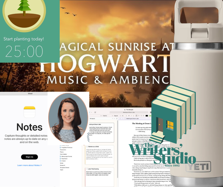 A collage of Renee's favourite tools to use for writing her first draft