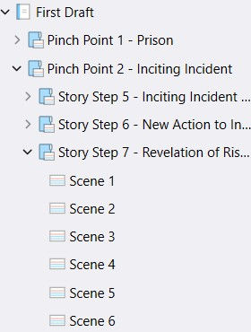 The break down of the writing section Renee Ella has in her Scrivener Project for her first draft