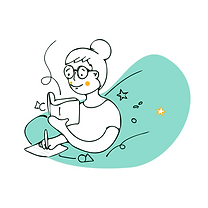An illustration of a woman with her hair in a bun sipping a hot drink