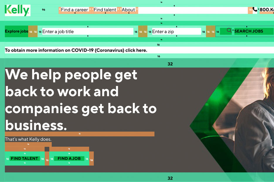 A webpage design with measurements over it