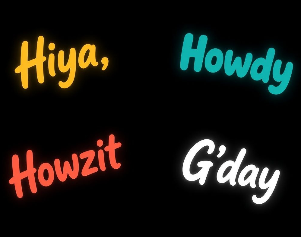 Four colorful greeting words on a black background: Hiya, Howdy, Howzit, and G'day.