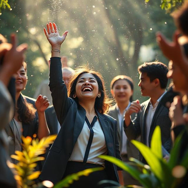 Joyful woman in a blazer raises her hand while smiling at an outdoor gathering, with coworkers clapping in warm sunlight, following her leadership.