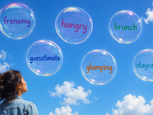 A woman looking up at bubbles with portmanteau words in them.