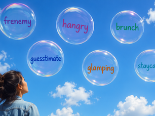 A woman looking up at bubbles with portmanteau words in them.