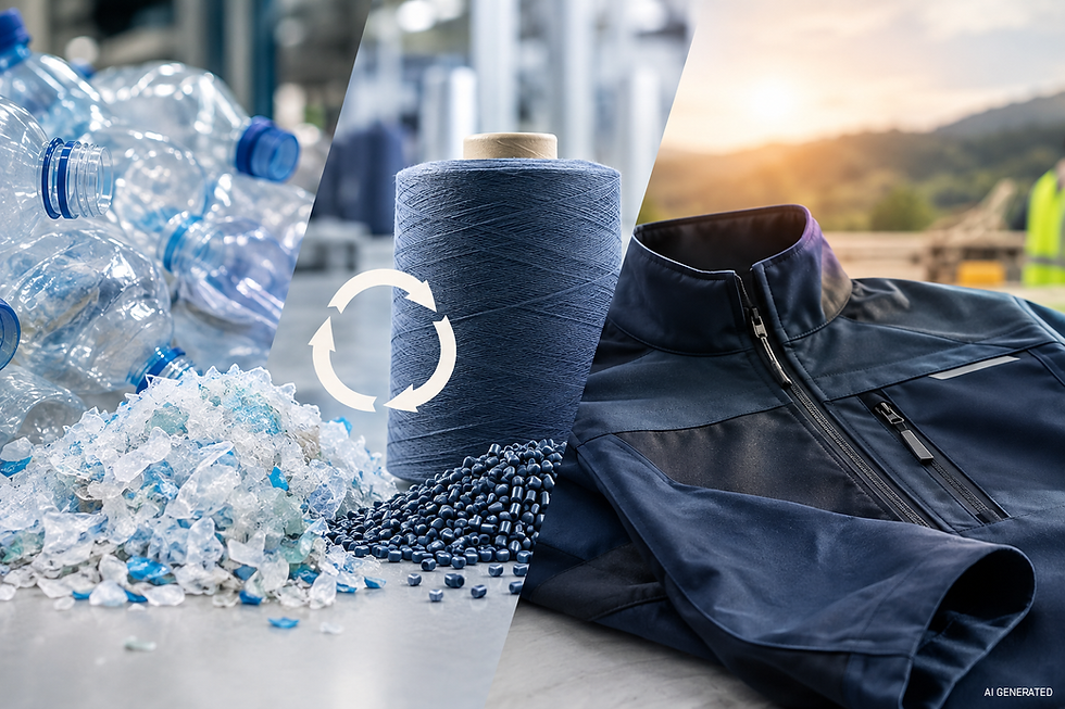 Zerschredderte Plastikflaschen, Granulat und Garnspule neben einer Recyclingjacke; Symbol für Textilrecycling.