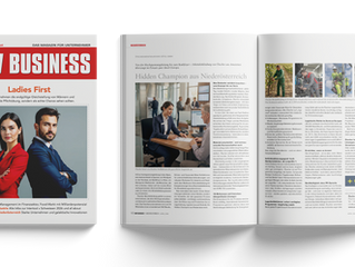 Titelbild vom New Business Magazin und die Doppelseite mit dem Beitrag von Ötscher-Berufskleidung