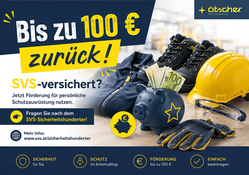 Promotional banner for the SVS Safety Grant featuring workwear, personal protective equipment, and a piggy bank, highlighting up to €100 funding for PPE for SVS-insured individuals.
