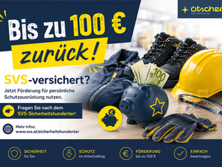 Promotional banner for the SVS Safety Grant featuring workwear, personal protective equipment, and a piggy bank, highlighting up to €100 funding for PPE for SVS-insured individuals.