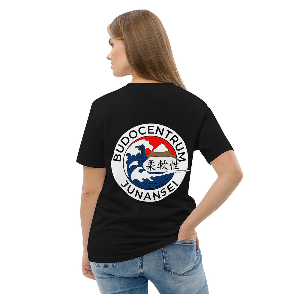 Thumbnail: Unisex organic cotton t-shirt met tekens junansei voor en logo achter