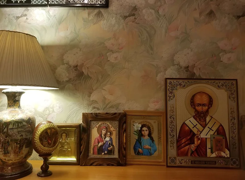 Photo of Russian Orthodox Icons, Left to Right: St. Panteleimon, The Blessed Virgin Mary and Jesus, Virgin Mary as a child, St. Nicholas