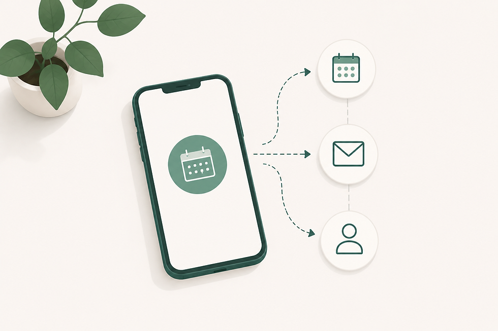 Phone showing calendar app connected to email and contact icons, representing automated workflows