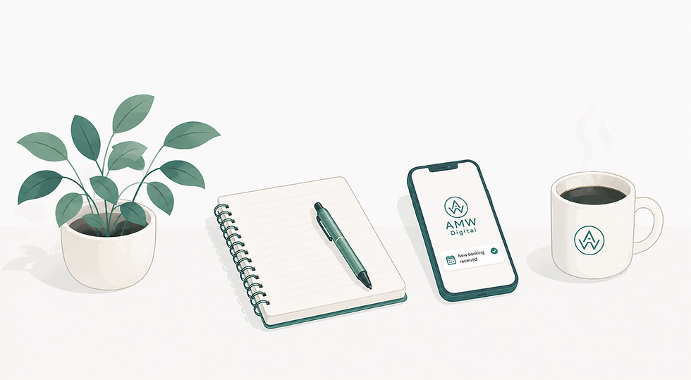 Desk with notebook, plant, coffee mug and phone showing the AMW Digital app
