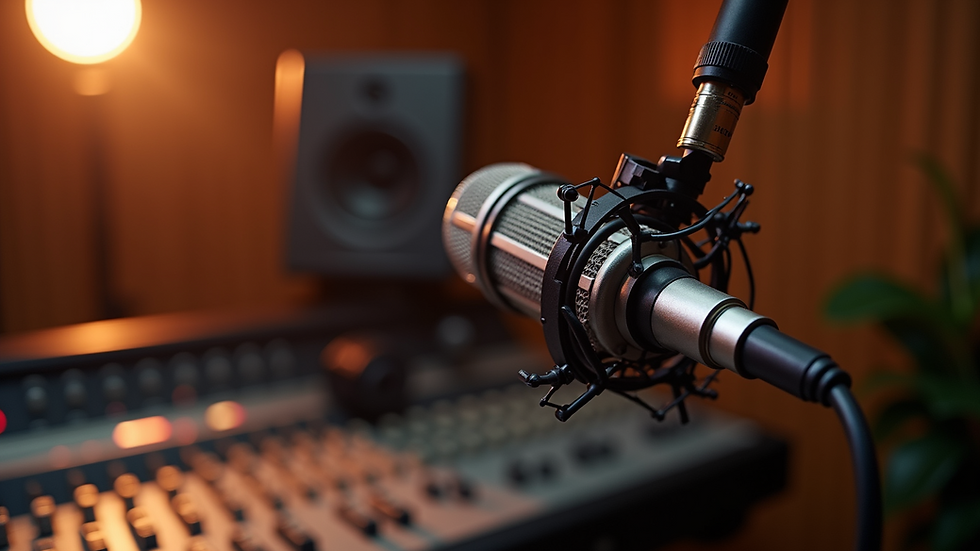 Eye-level view of a professional microphone in a sound studio