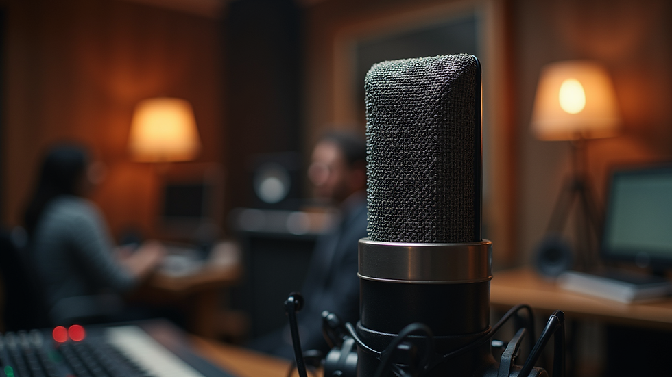 Close-up view of a professional microphone in a recording studio