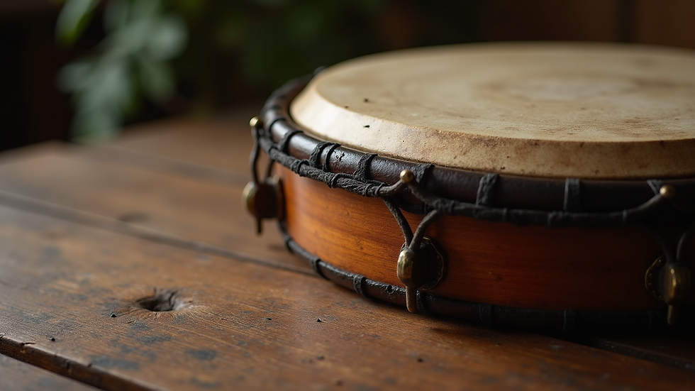 Close-up view of a traditional Irish bodhrán drum resting on a wooden table