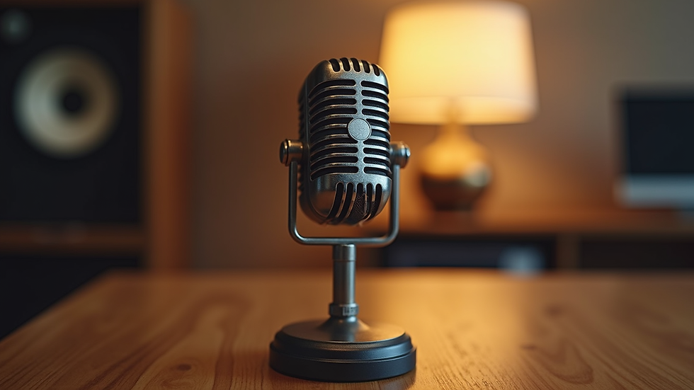 Eye-level view of a vintage microphone on a wooden table