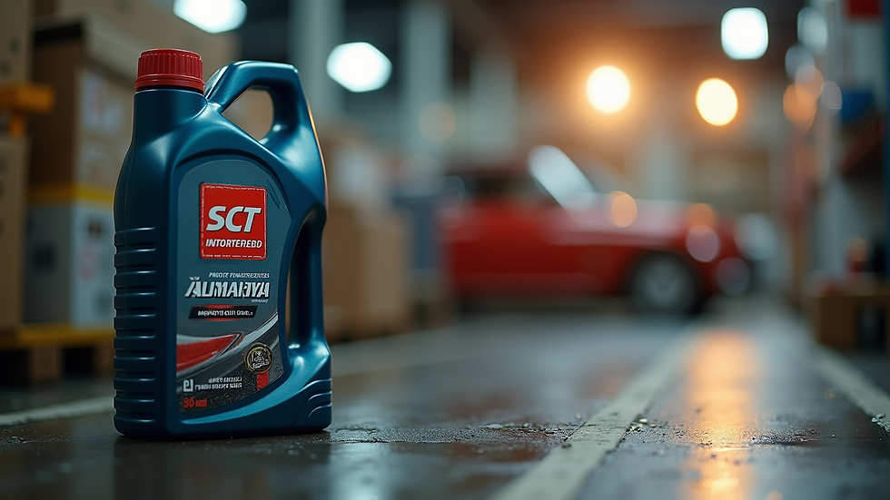 Close-up view of SCT Almanya motor oil bottle