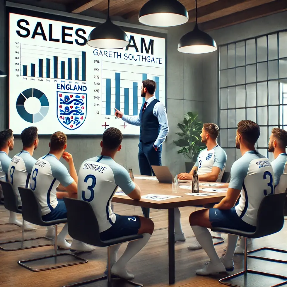 Gareth Southgate depicted as Sales Manager training the England Sales team in an office i