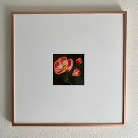 Embroidery thread artwork, Poppy Trio, 2023, in a rose gold frame. Artwork by Elizabeth Conley of Elizabeth Conley Studio.