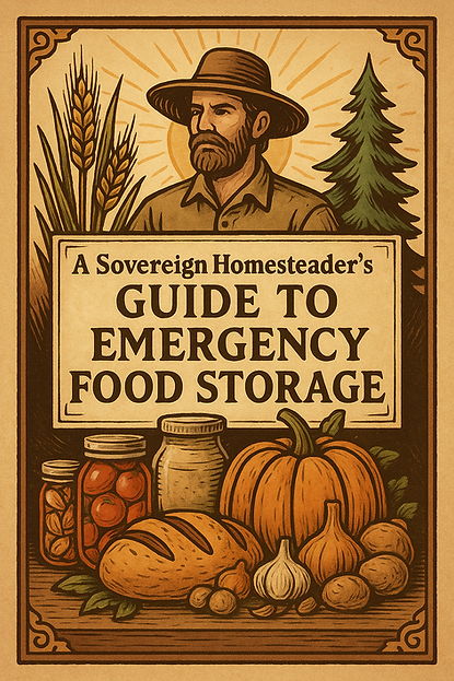 Illustrated cover with a bearded man in a hat, trees, and wheat. Text: "A Sovereign Homesteader's Guide to Emergency Food Storage."