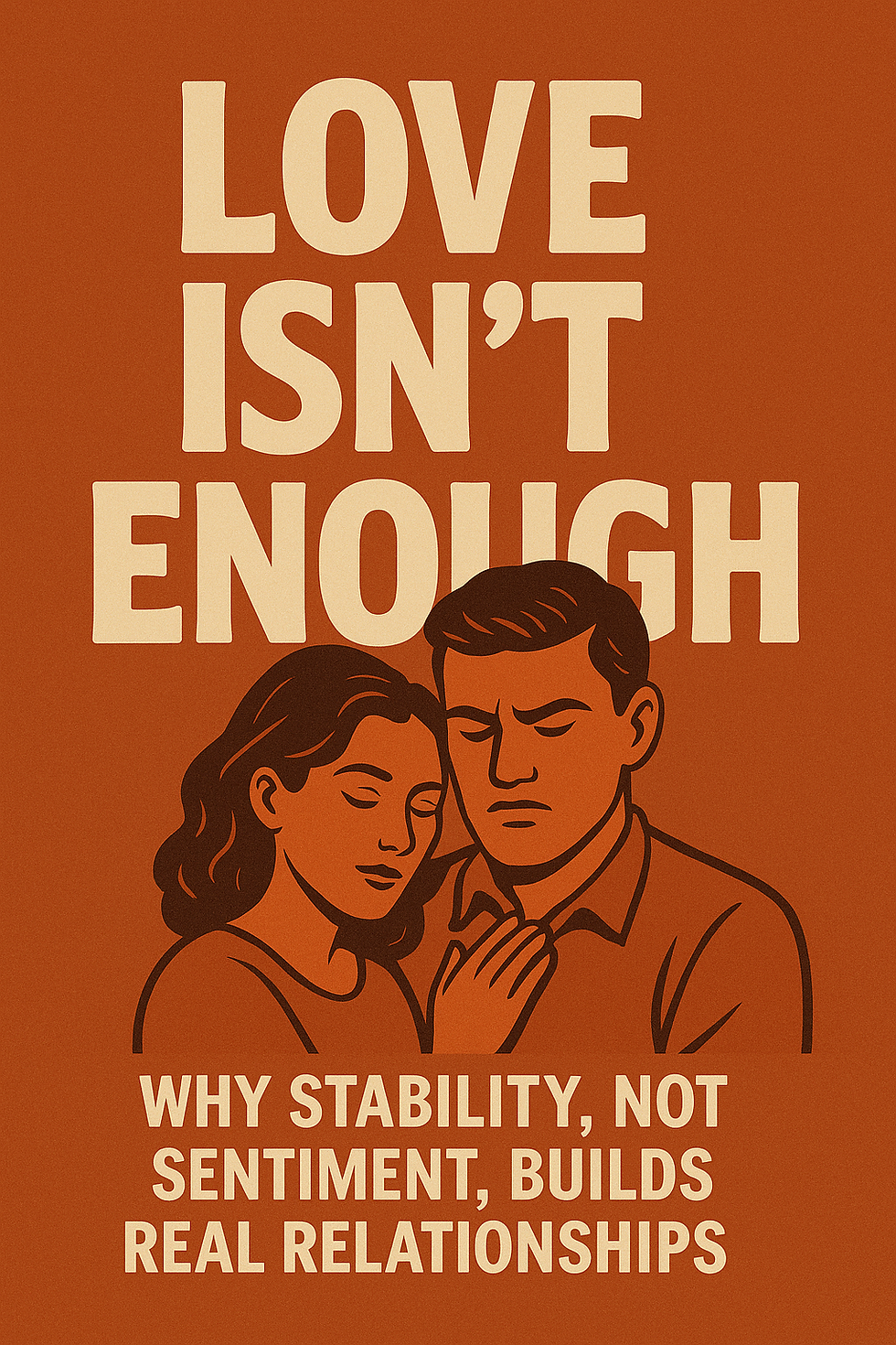 Couple with serene expressions, embracing on a brown background. Text: "LOVE ISN'T ENOUGH. WHY STABILITY, NOT SENTIMENT, BUILDS REAL RELATIONSHIPS."
