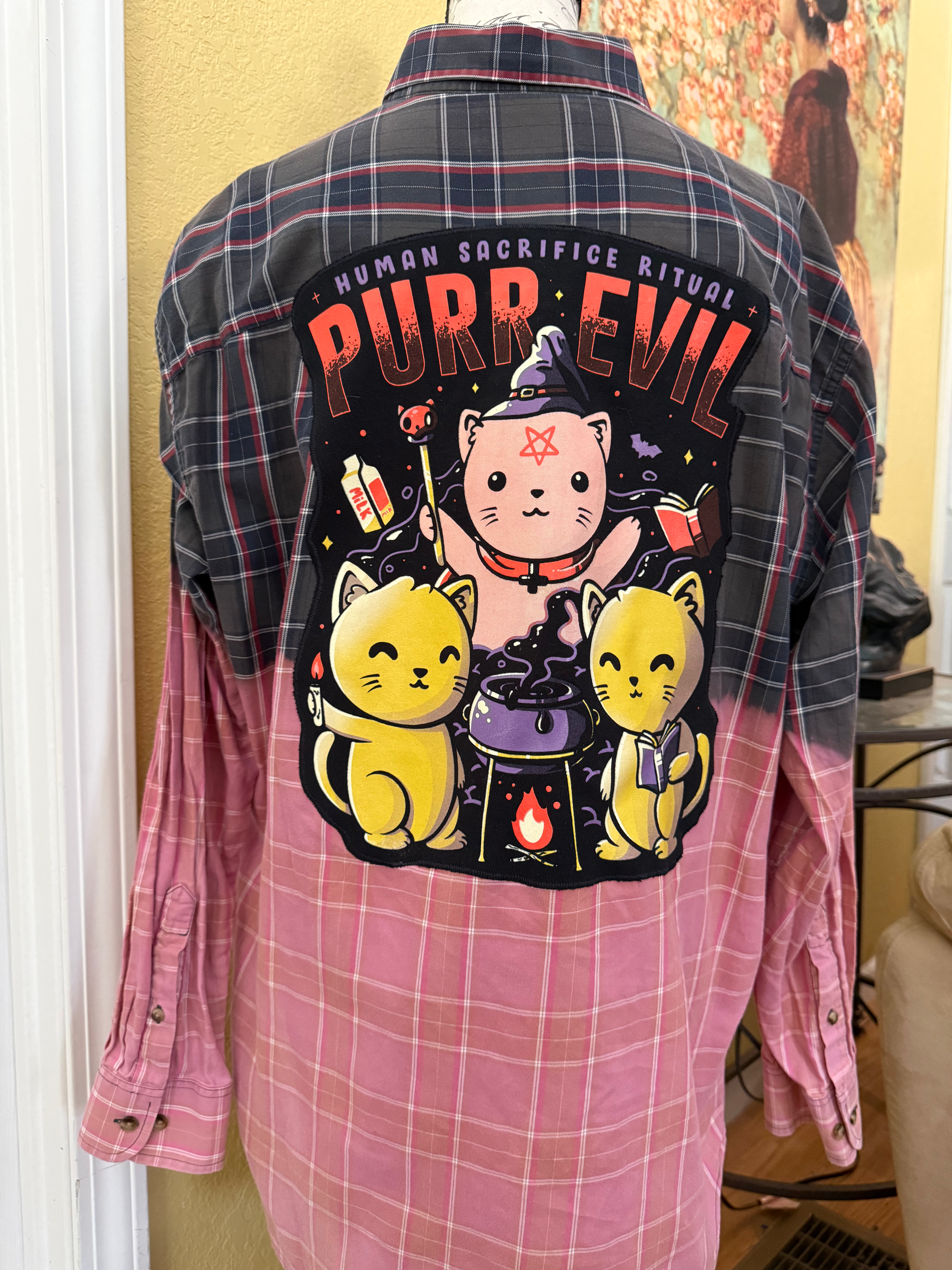 OOAK Upcycled Bleached Shirt - Purr Evil - Adult Large