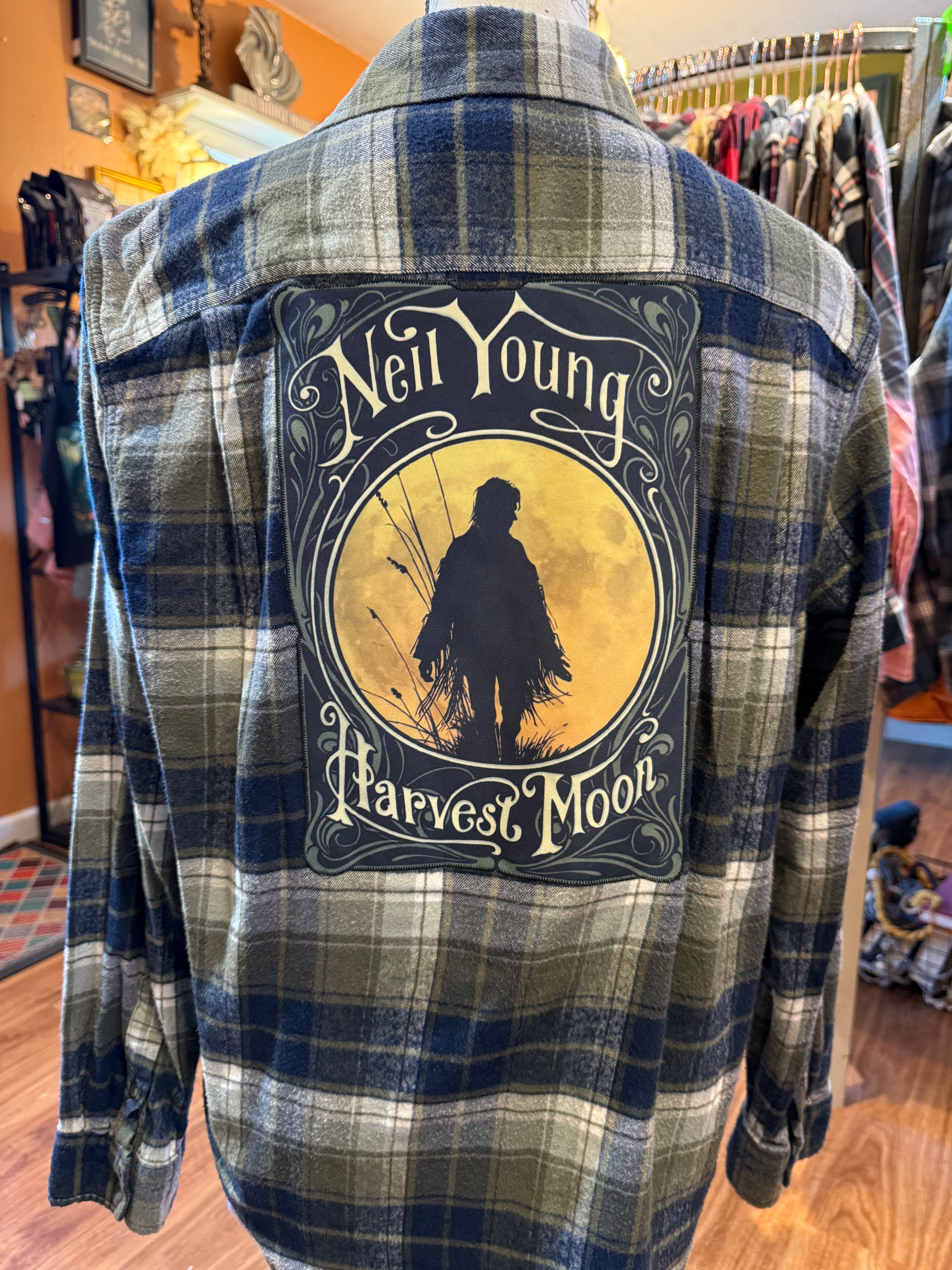 OOAK Upcycled Flannel Shirt - Neal Young, Art Nouveau - Adult XL