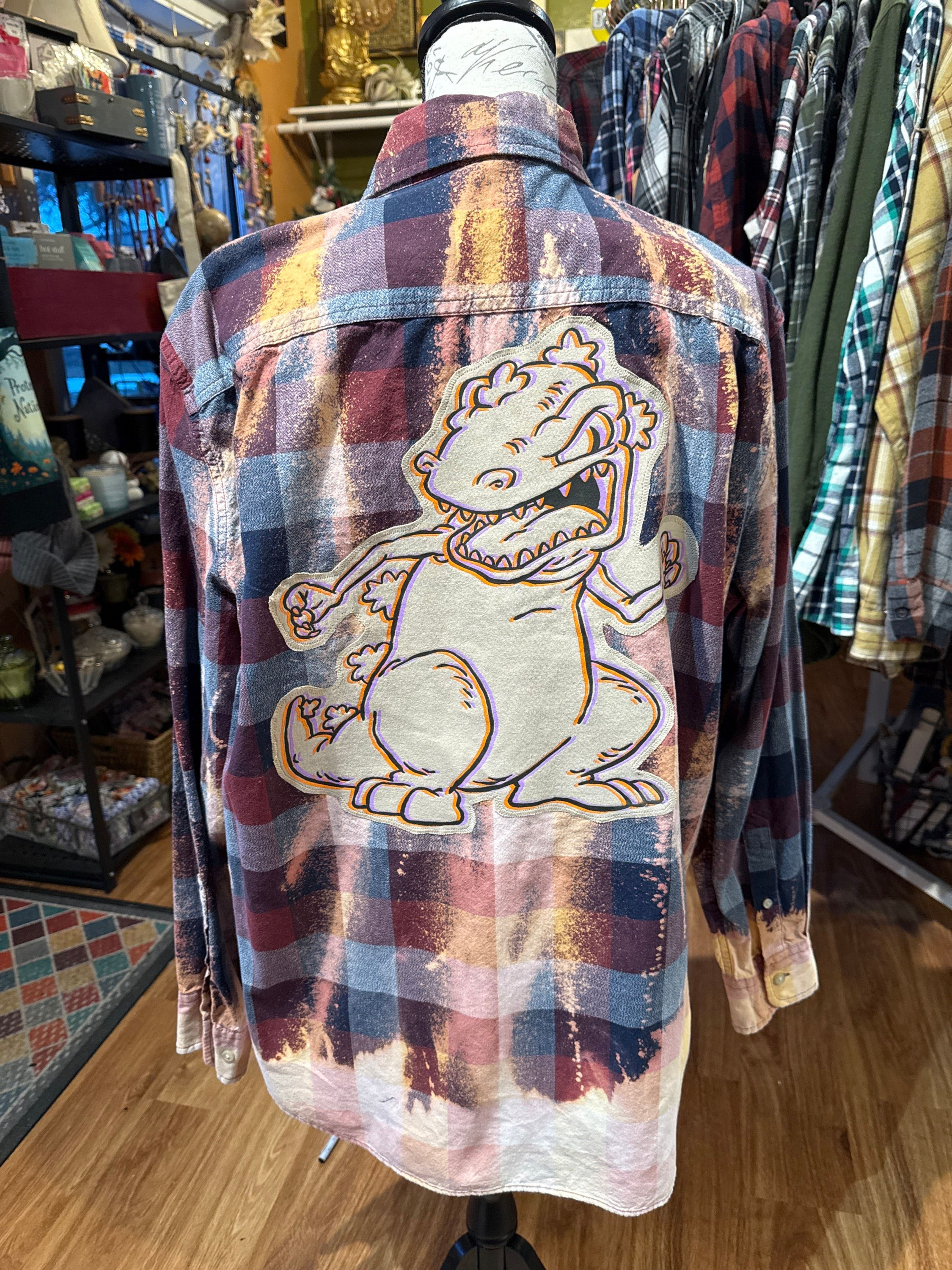OOAK Upcycled Bleached Flannel - Reptar, Rugrats - Adult Large