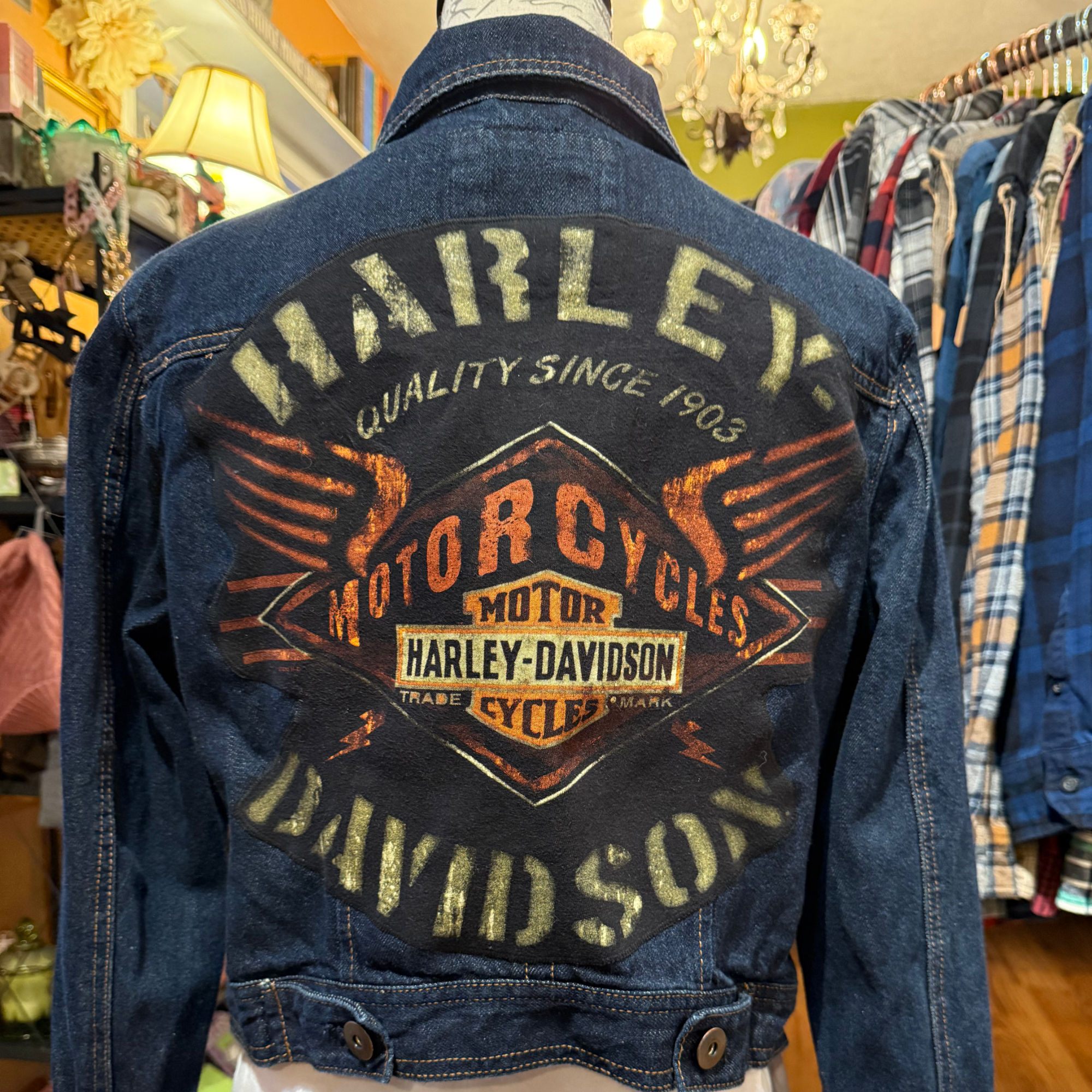 OOAK Upcycled Denim Jacket - Harley Davison - Women’s X Large