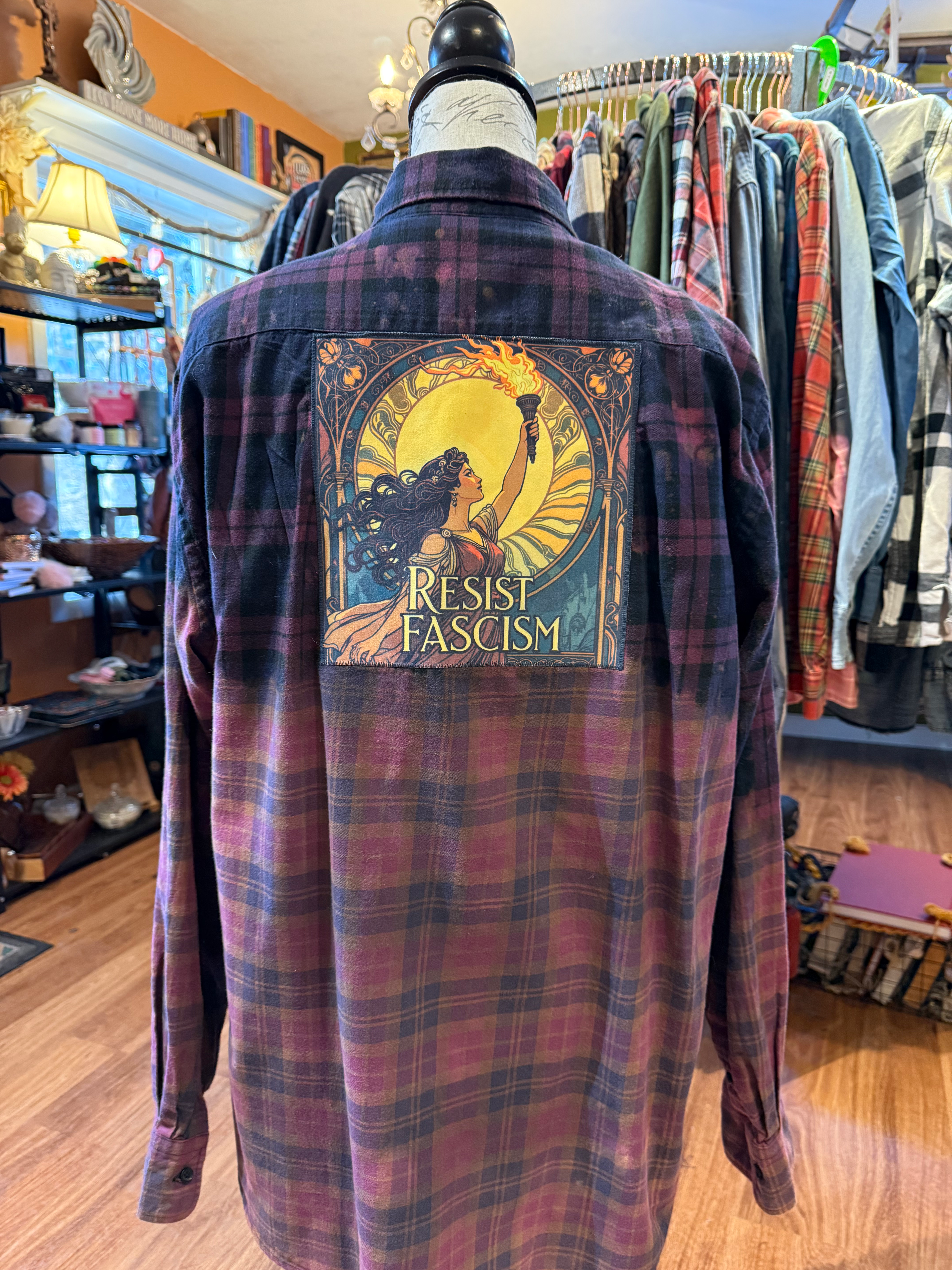 OOAK Upcycled Bleached Flannel - Resist Fascism - Adult XLarge