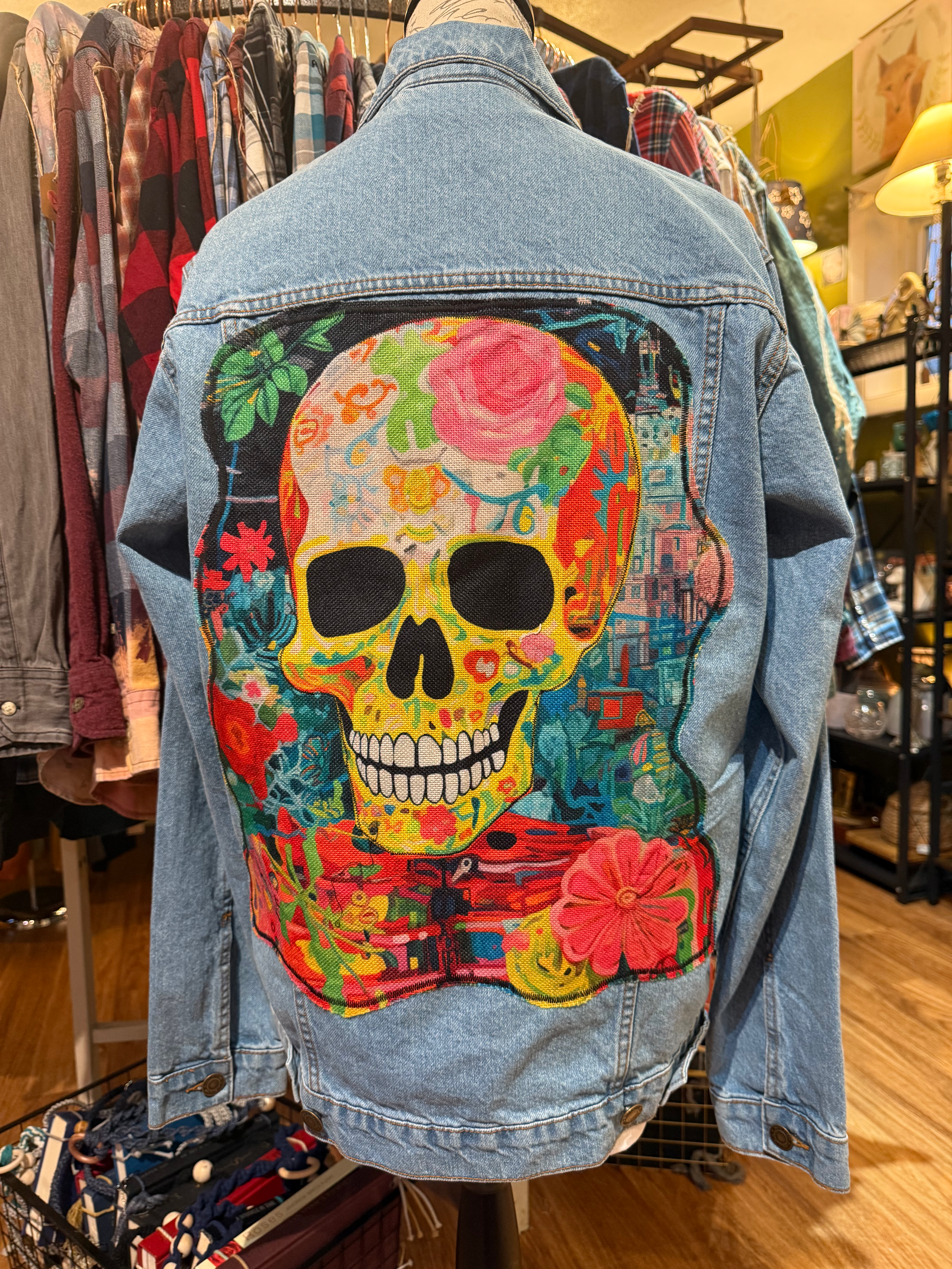 OOAK Upcycled Jacket -Sugar Skull Art - Adult Medium