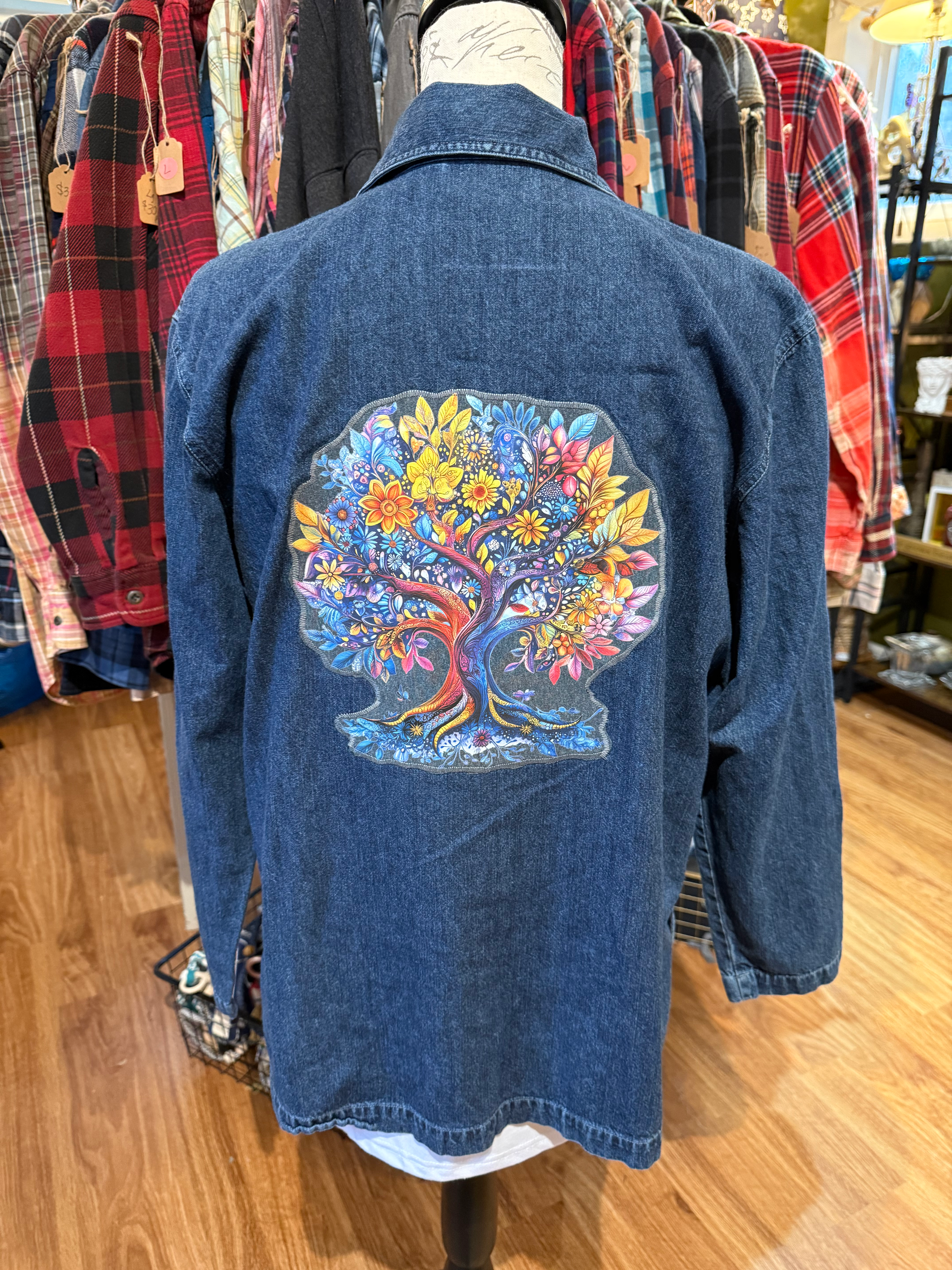 Upcycled Denim Shirt - Tree of Life - Women’s Large