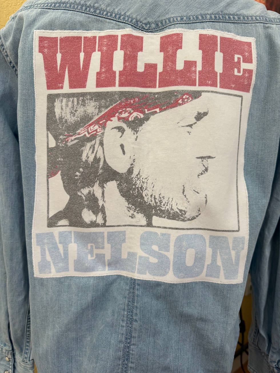 Thumbnail: OOAK Upcycled Distressed Denim Shirt - Willie Nelson - Women’s Large
