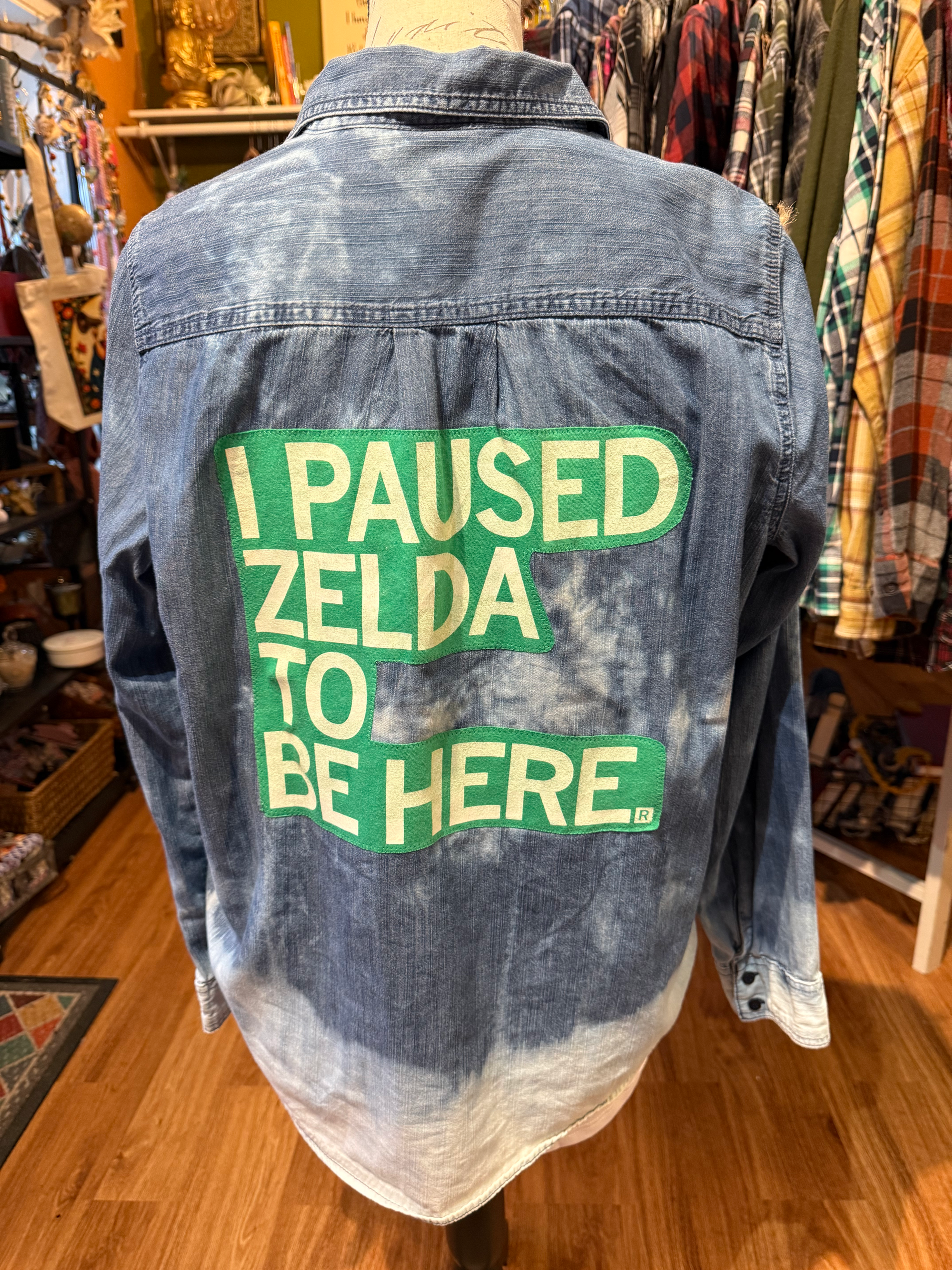 Upcycled Bleached Shirt - Paused Zelda to Be Here - Women’s XL