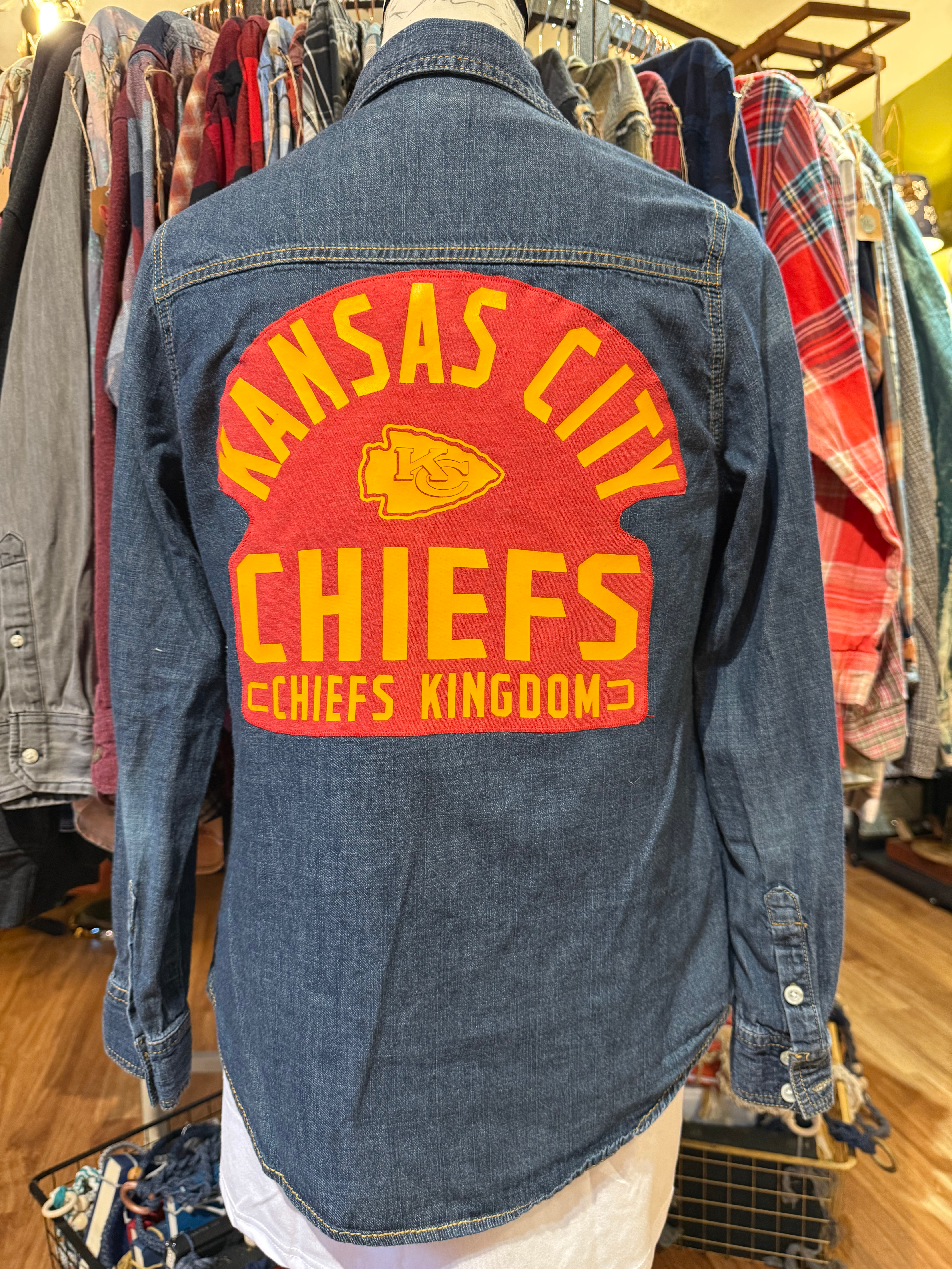 Upcycled Denim Shirt - Kansas City Chiefs - Women’s Medium 