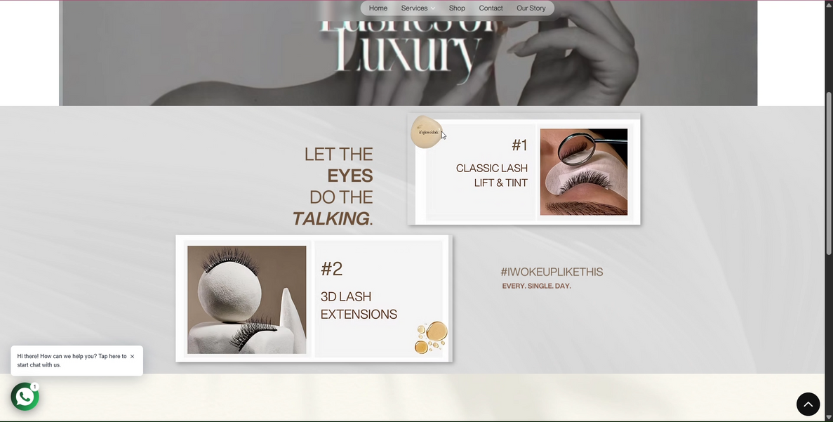 Beauty salon website design lashes of luxury section with product photo grid