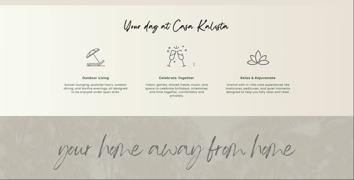 Luxury retreat website design your day at the retreat section with icon list and home away from home tagline