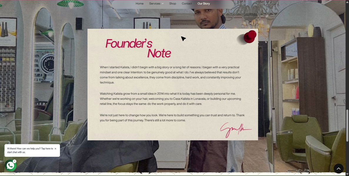 Beauty salon website design founder's note section with handwritten style text