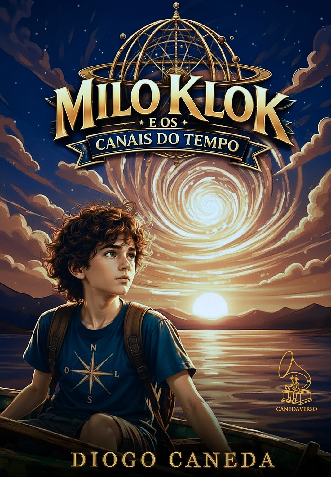 Capa da obra Milo Klok e os Canais do Tempo, com Milo em um barco verde diante de um céu cósmico